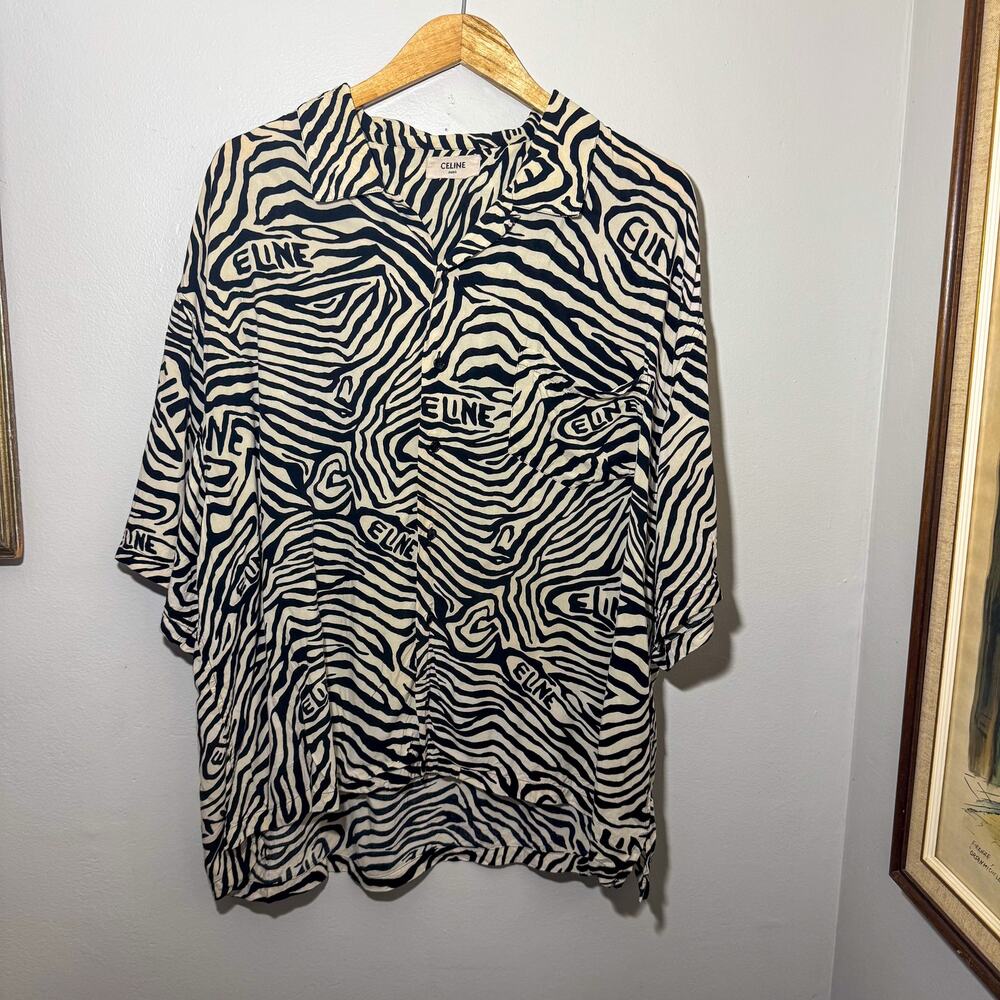 Celine Hedi Slimane 2022 Zebra Logo Print Viscose Short Sleeve Button Down 44